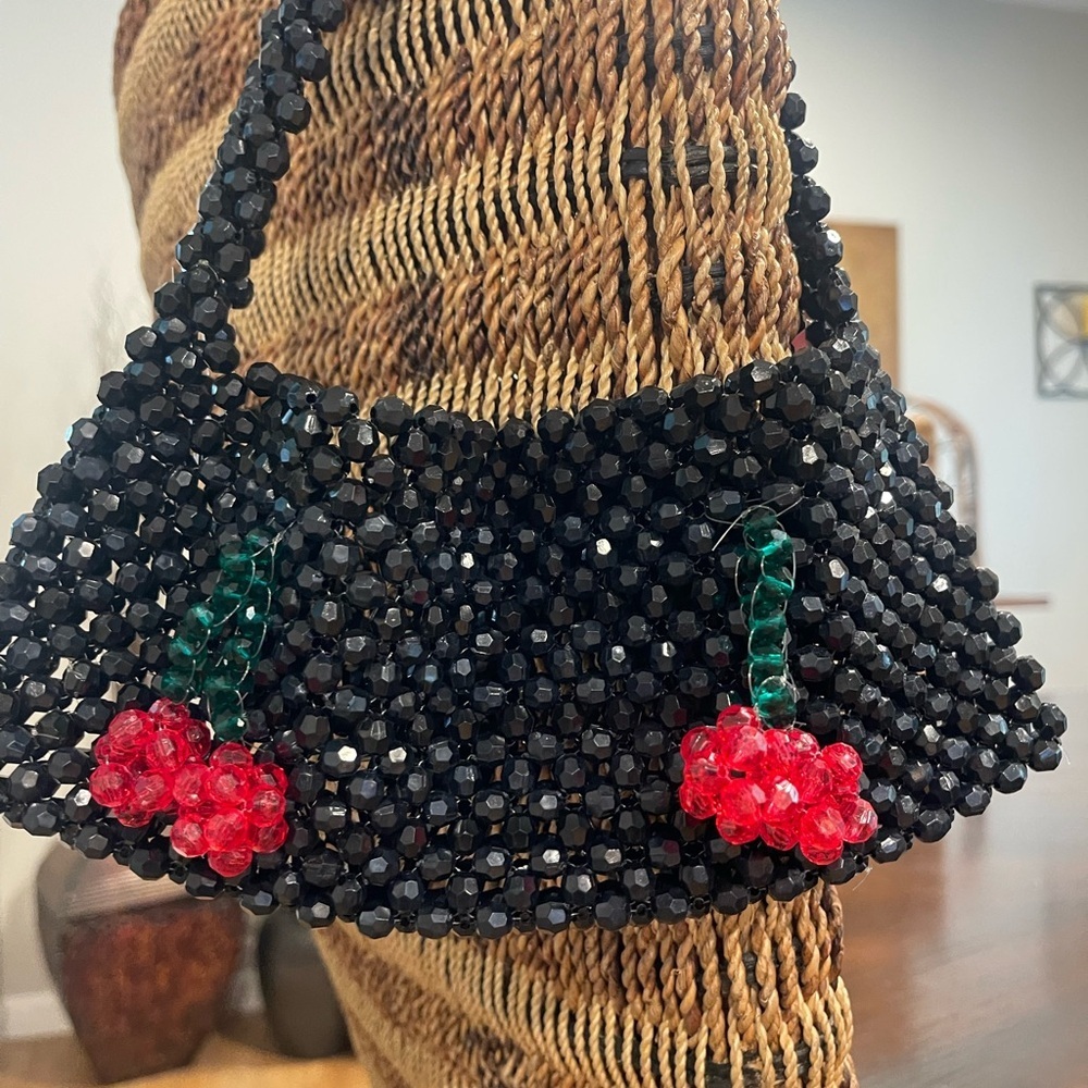 Black Beaded Shoulder Bag Red Cherry Charm Purse TikTok Viral - Picture 1 of 6